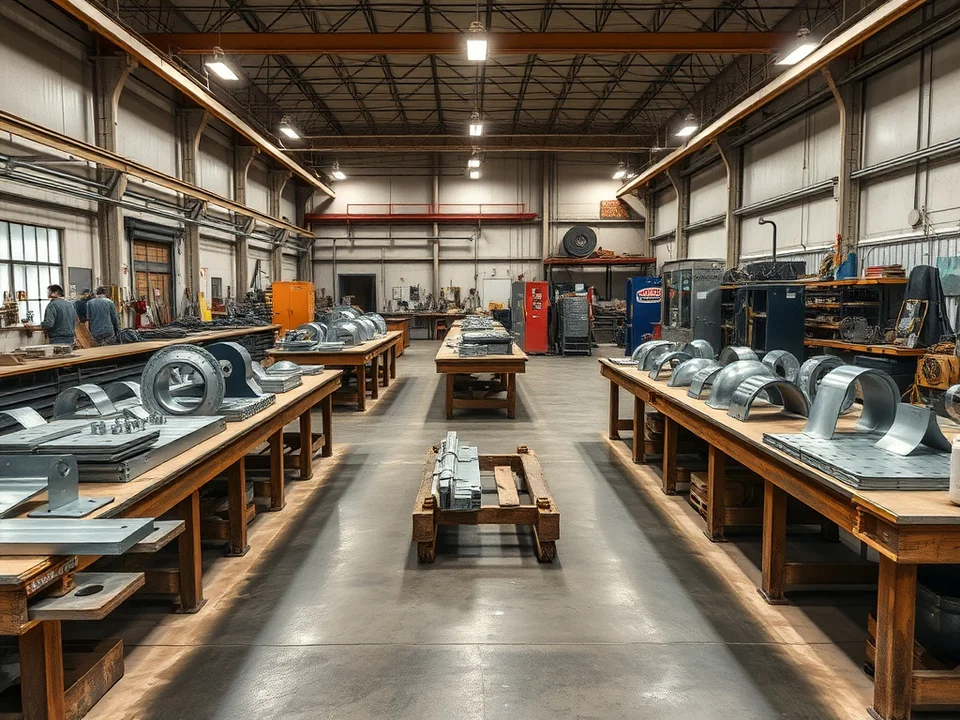 Metal fabrication shop floor with cut sheet metal and formed parts