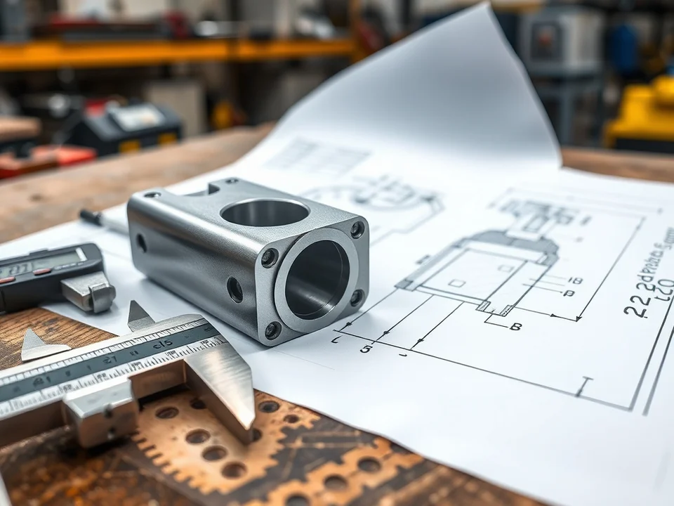 Engineering drawing and metal bracket being reviewed on a workbench