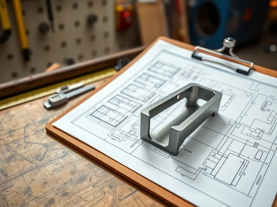 Engineering drawing and metal part being reviewed on a shop floor